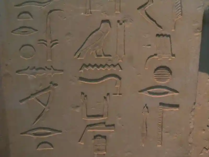 Bird, zigzag, solar disc and other symbols.